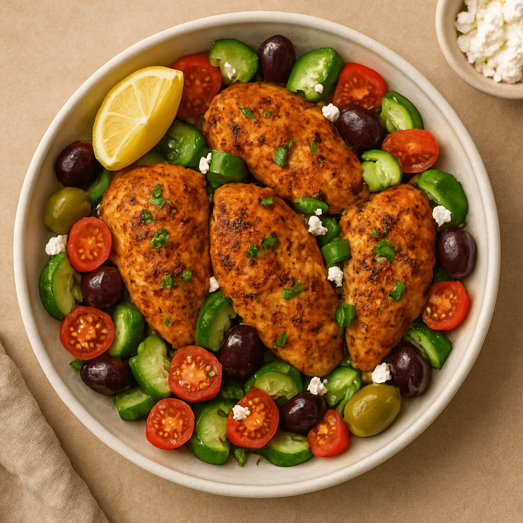 Fresh vegetables, herbs, garlic, and chicken ready for Mediterranean Chicken Recipe