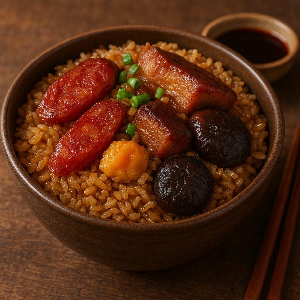 A bowl of authentic Chinese Sticky Rice made with glutinous rice, Chinese sausage, mushrooms, and shrimp. Perfect festive Asian comfort food.