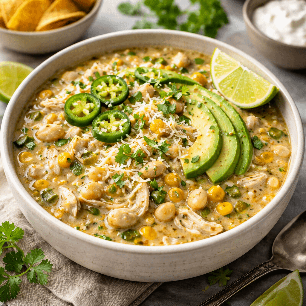 Ingredients for white chicken chilli including shredded chicken, white beans, green chilies, cream, and spices.
