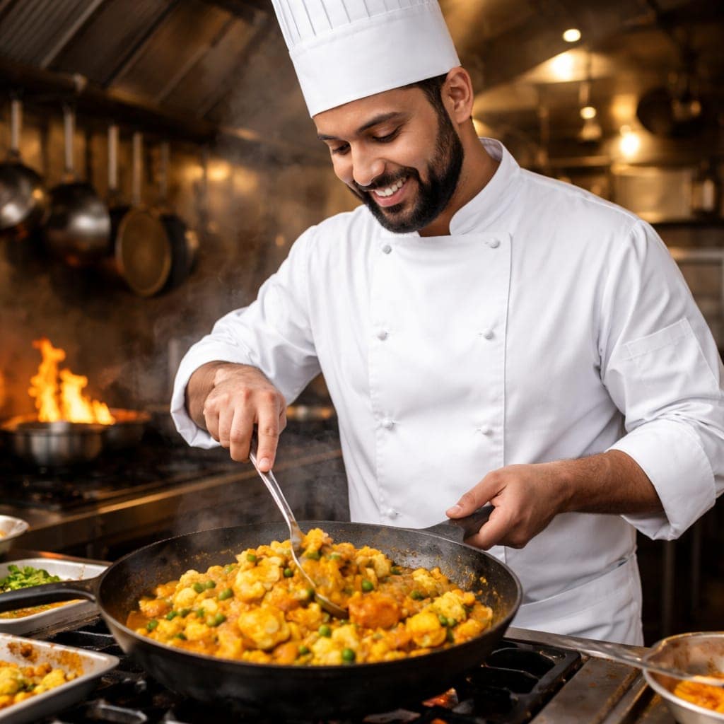Aloo Gobi curry cooking in a pan with cauliflower and potatoes coated in spices.