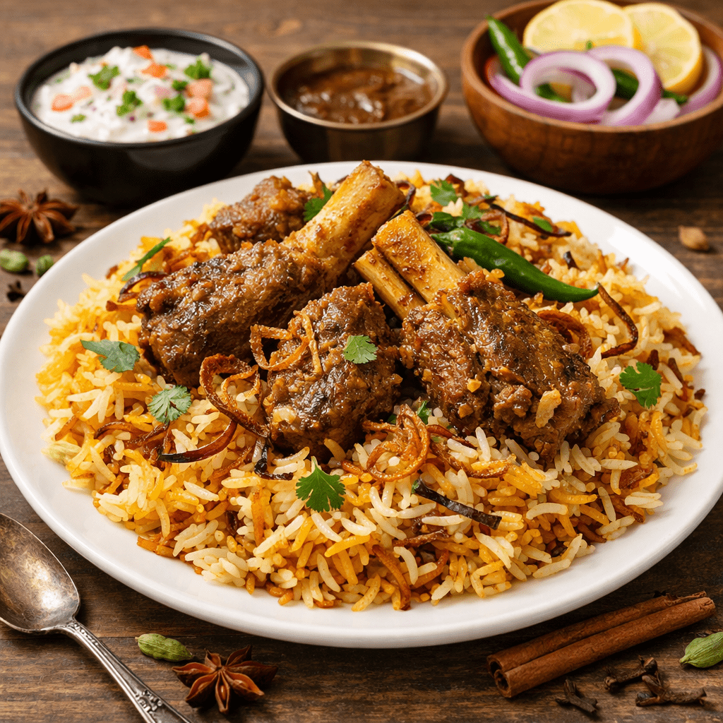 Ingredients for mutton biryani including basmati rice, raw mutton, onions, yogurt, and traditional spices.
