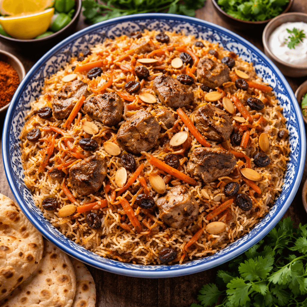 Lamb pieces cooking in a pot with onions and spices for Kabuli Pulao.