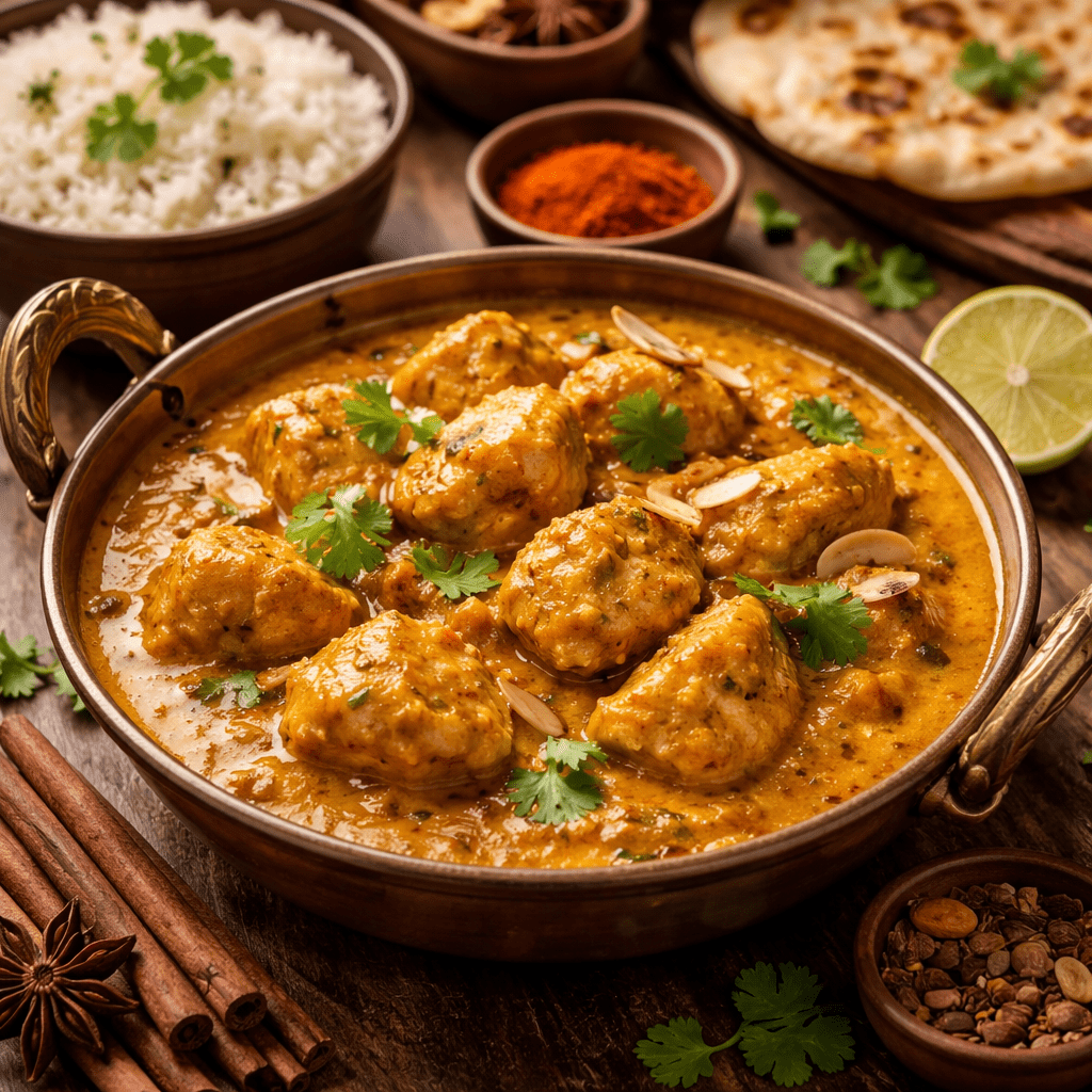 Ingredients for chicken korma including chicken, yogurt, onions, garlic, ginger, and aromatic spices.