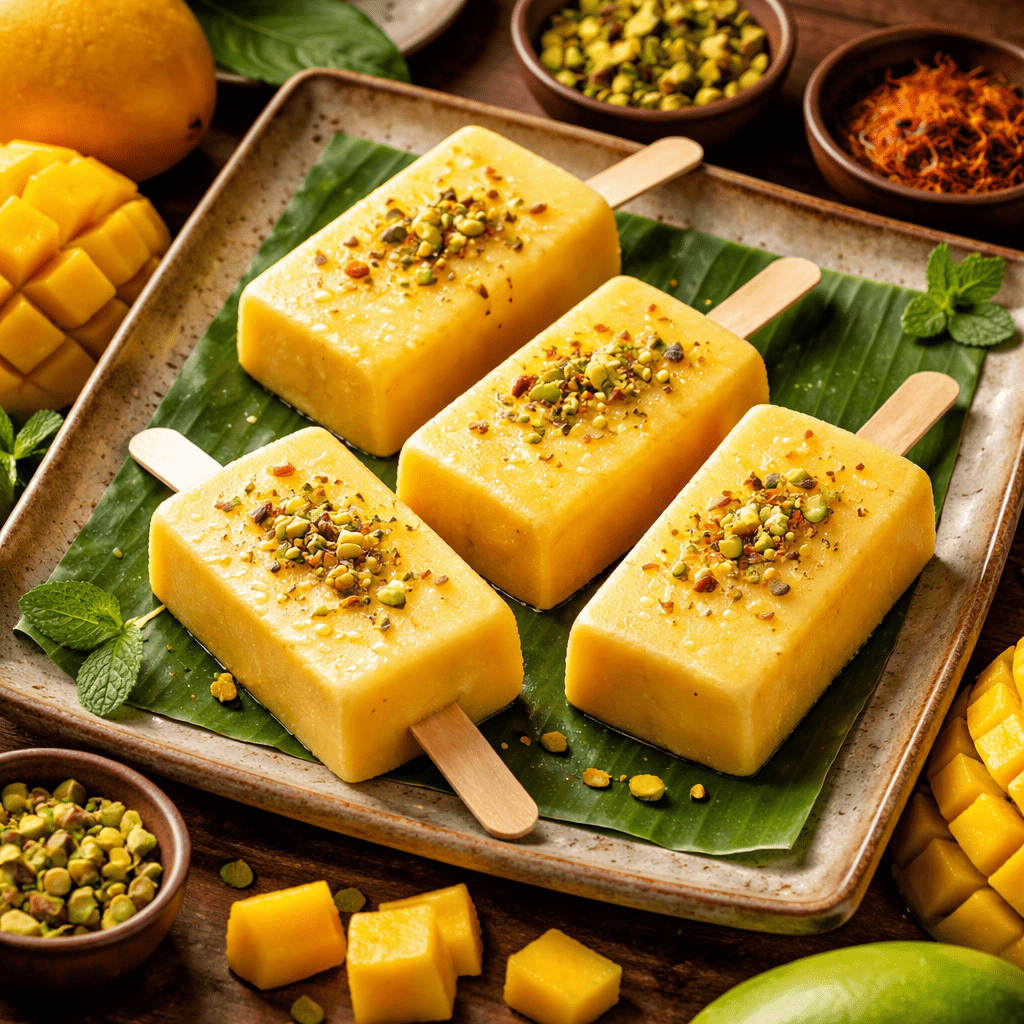 Ingredients for mango kulfi including ripe mangoes, milk, sugar, and cardamom.