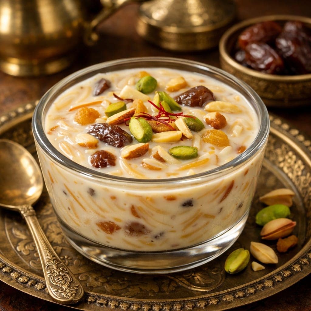Sheer Khurma simmering in a pot with milk, vermicelli, and dry fruits.