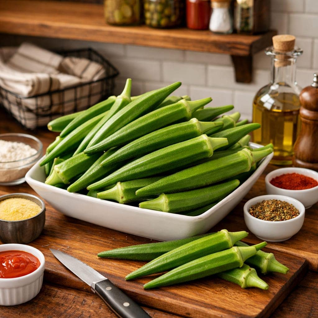 Fresh okra, onions, and Indian spices prepared for crispy bhindi fry recipe.