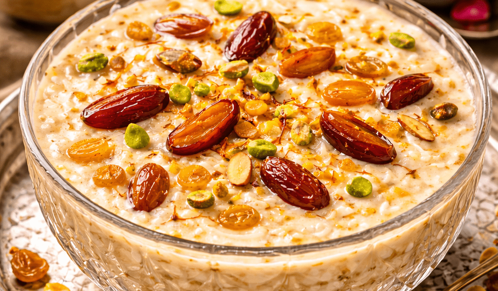 Ingredients for Sheer Khurma including vermicelli, milk, dates, sugar, and mixed nuts arranged on a table.
