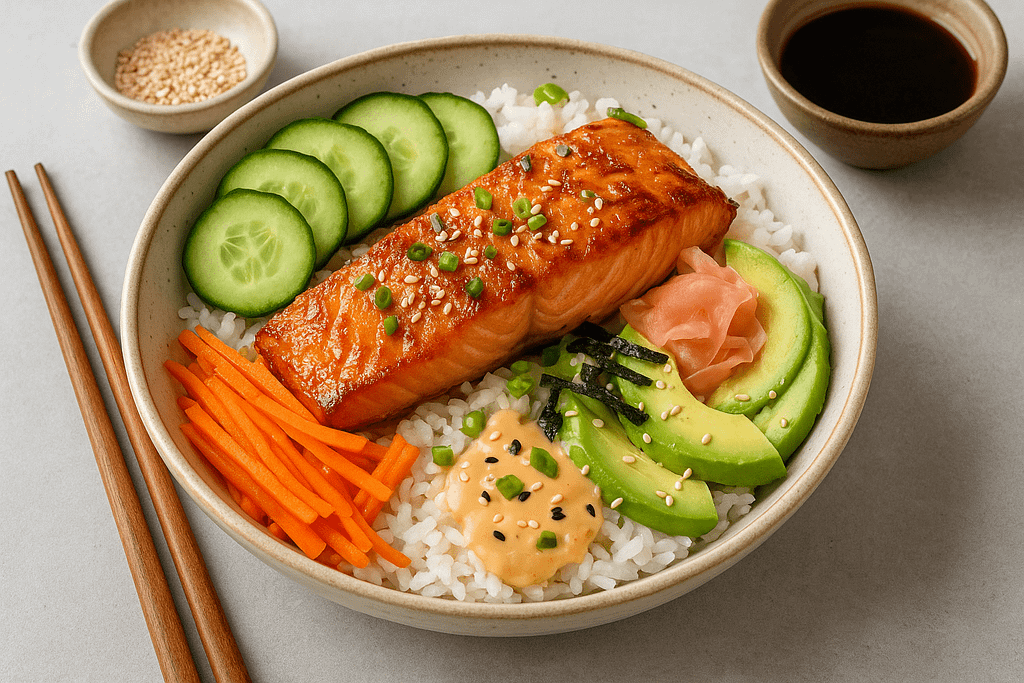 A colorful Salmon Rice Bowl Recipe featuring grilled salmon over fluffy rice with avocado, cucumber, and sesame seeds. A healthy and delicious dish.