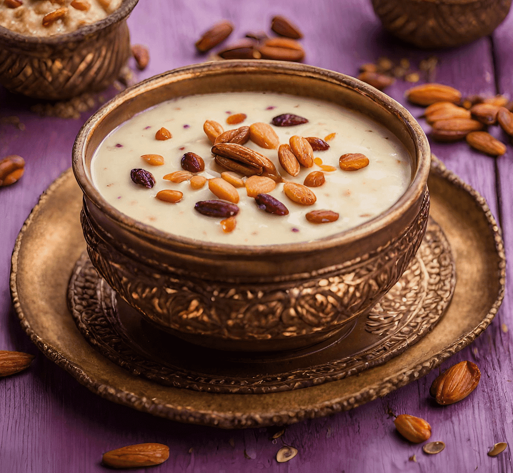 Sheer Khurma topped with sliced almonds, pistachios, and dates.