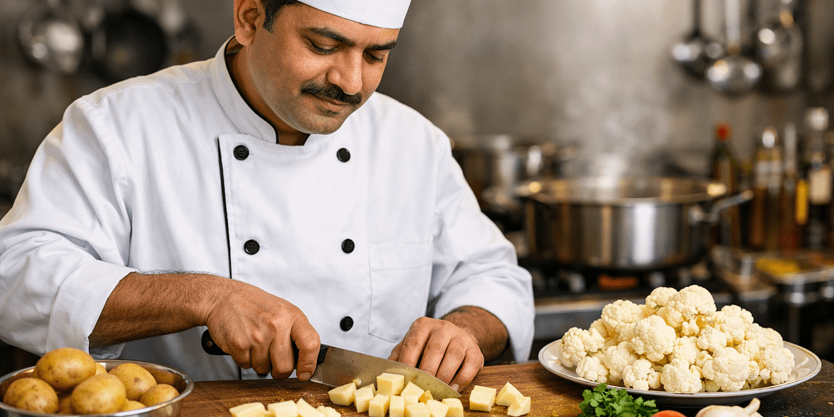 Fresh cauliflower florets, diced potatoes, tomatoes, and Indian spices prepared for Aloo Gobi recipe.