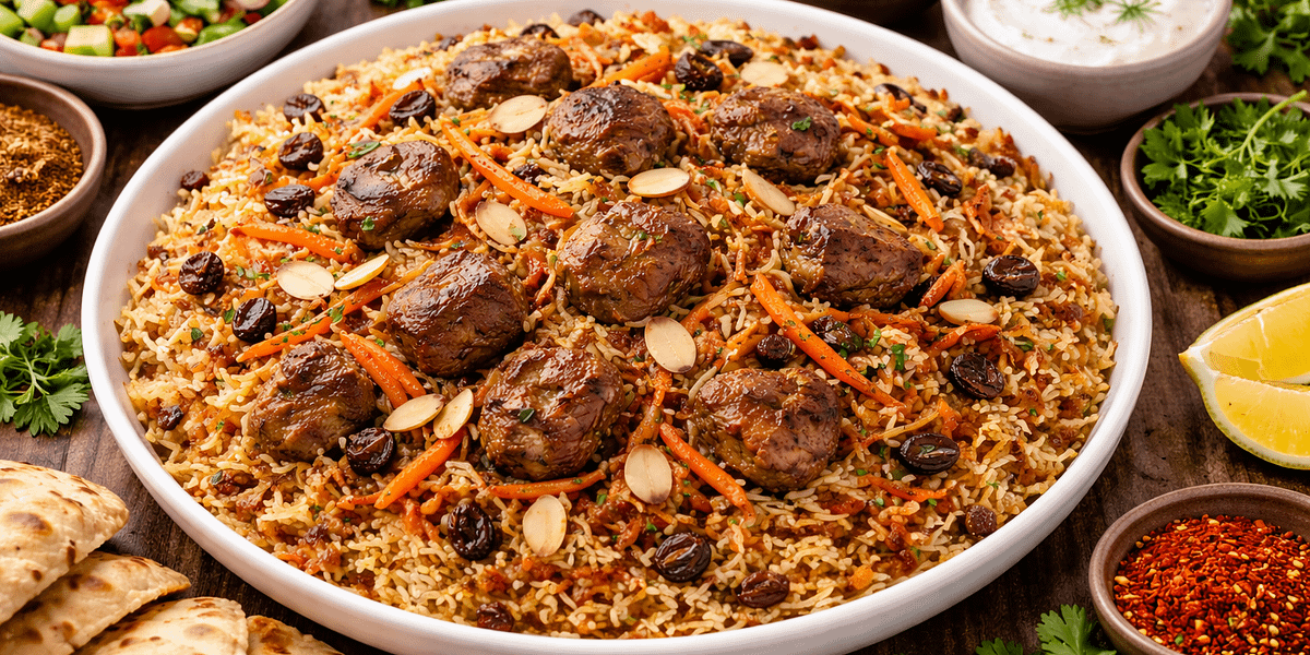 Ingredients for Kabuli Pulao including basmati rice, lamb meat, carrots, raisins, and traditional Afghan spices.