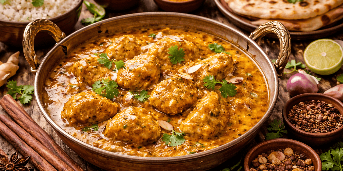 Traditional chicken korma served in a bowl with creamy gravy and herbs.
