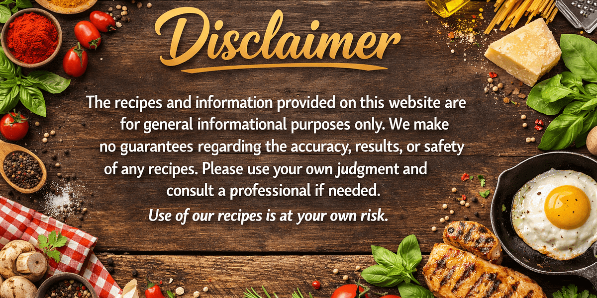 Cooking recipes website disclaimer banner with kitchen ingredients and wooden background explaining recipe information and safety notice