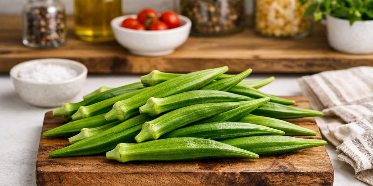 Fresh okra, onions, and Indian spices prepared for crispy bhindi fry recipe.