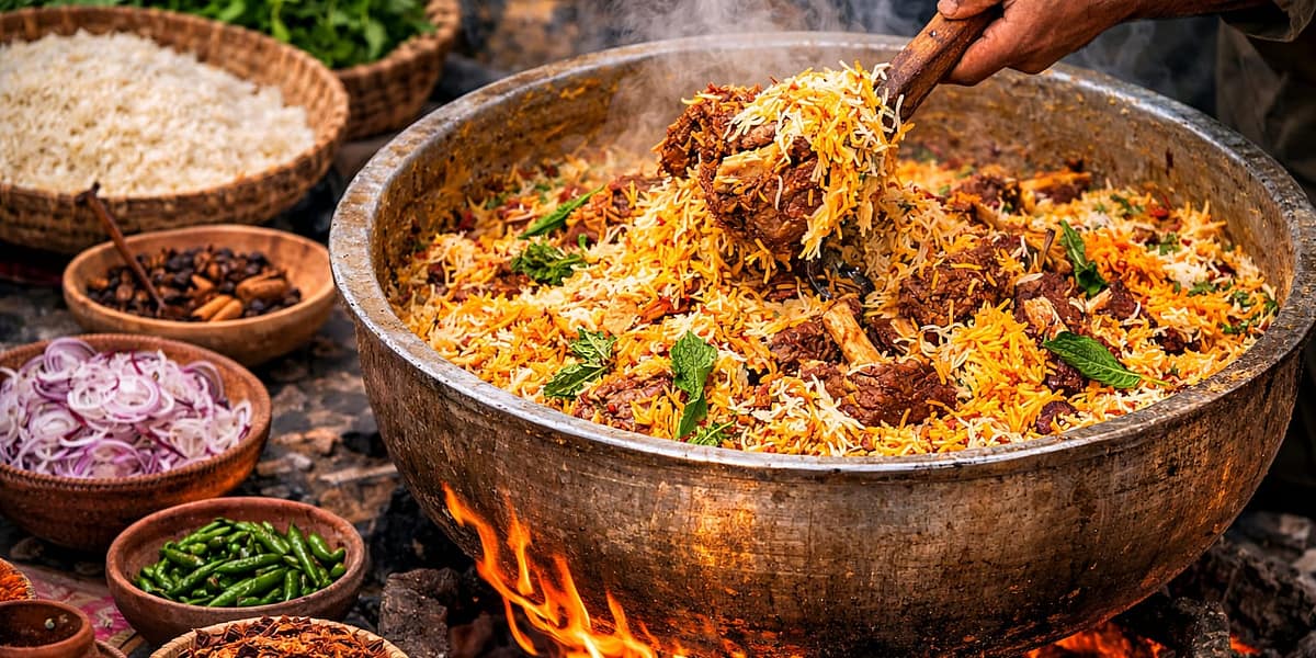Delicious mutton biryani served in a bowl with fried onions and herbs.