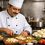 Fresh cauliflower florets, diced potatoes, tomatoes, and Indian spices prepared for Aloo Gobi recipe.