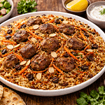 Ingredients for Kabuli Pulao including basmati rice, lamb meat, carrots, raisins, and traditional Afghan spices.