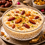 Ingredients for Sheer Khurma including vermicelli, milk, dates, sugar, and mixed nuts arranged on a table.