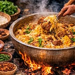 Delicious mutton biryani served in a bowl with fried onions and herbs.