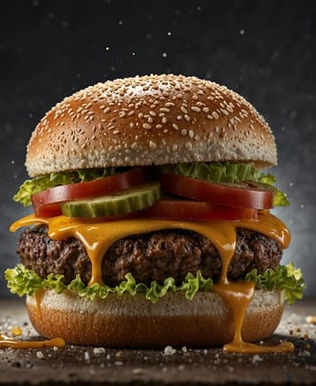 Juicy homemade cheeseburger with melted cheese, lettuce, tomato, and sesame bun