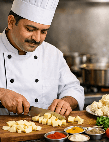 Fresh cauliflower florets, diced potatoes, tomatoes, and Indian spices prepared for Aloo Gobi recipe.