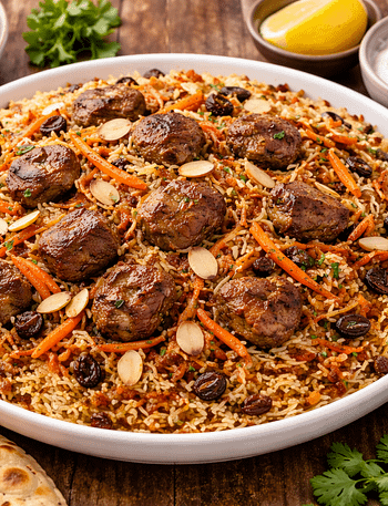 Ingredients for Kabuli Pulao including basmati rice, lamb meat, carrots, raisins, and traditional Afghan spices.