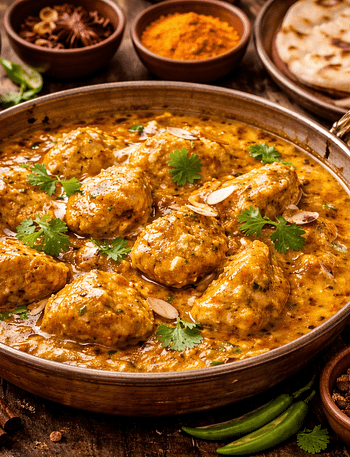 Traditional chicken korma served in a bowl with creamy gravy and herbs.