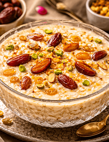Ingredients for Sheer Khurma including vermicelli, milk, dates, sugar, and mixed nuts arranged on a table.