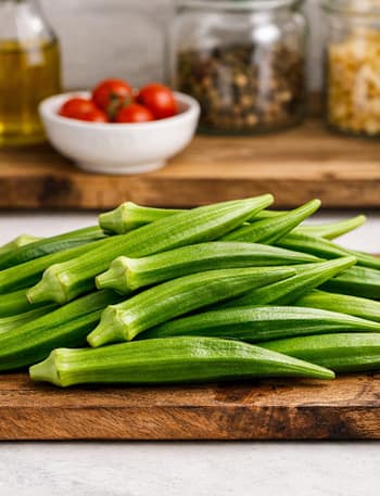 Fresh okra, onions, and Indian spices prepared for crispy bhindi fry recipe.