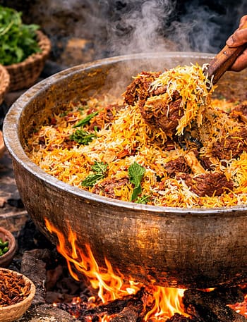 Delicious mutton biryani served in a bowl with fried onions and herbs.