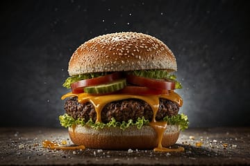 Juicy homemade cheeseburger with melted cheese, lettuce, tomato, and sesame bun