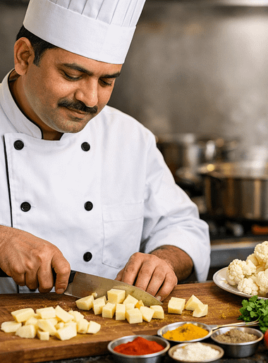 Fresh cauliflower florets, diced potatoes, tomatoes, and Indian spices prepared for Aloo Gobi recipe.