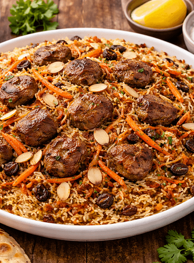 Ingredients for Kabuli Pulao including basmati rice, lamb meat, carrots, raisins, and traditional Afghan spices.