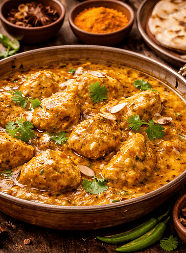 Traditional chicken korma served in a bowl with creamy gravy and herbs.