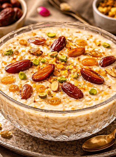 Ingredients for Sheer Khurma including vermicelli, milk, dates, sugar, and mixed nuts arranged on a table.