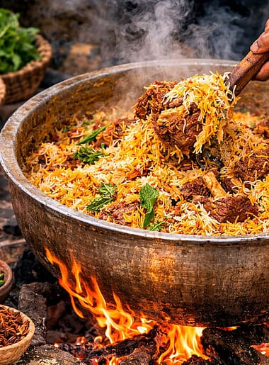 Delicious mutton biryani served in a bowl with fried onions and herbs.