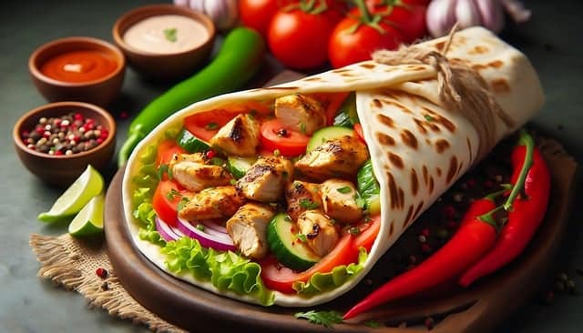 Close-up of grilled chicken shawarma wrap with fresh vegetables