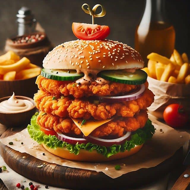 Spicy chicken burger served on a plate with fries and dip.