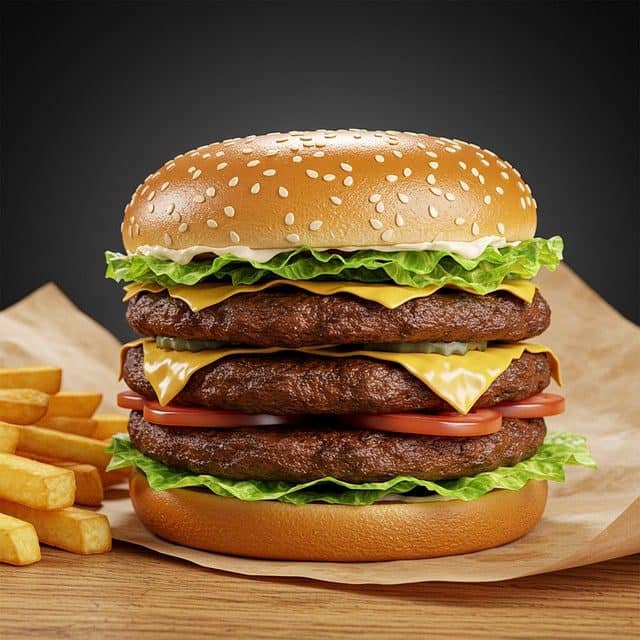 Classic cheeseburger served with crispy fries and ketchup on a wooden board