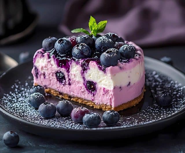 Slice of Blueberry Cheesecake served with fresh blueberry topping