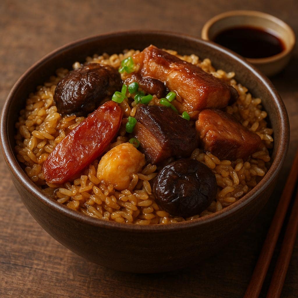 Beautifully served Chinese Sticky Rice (Lo Mai Fan) in a bamboo steamer, garnished with shrimp, mushrooms, and green onions.