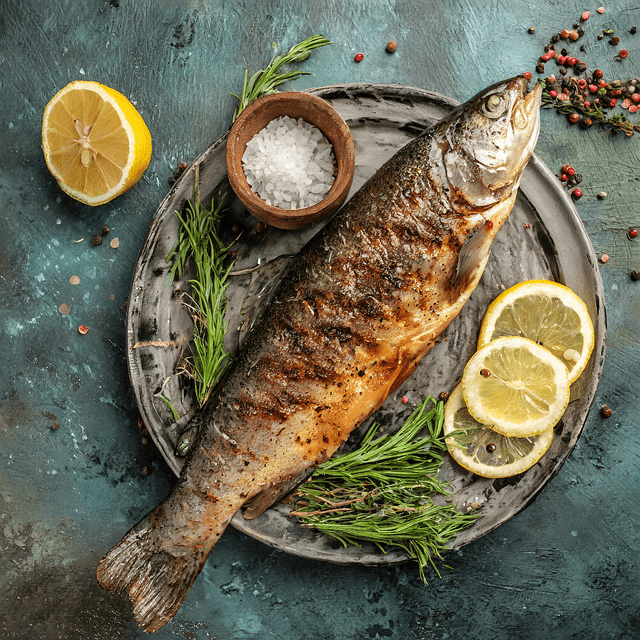 Spicy Fried Fish served on a plate with salad, lemon, and dipping sauce