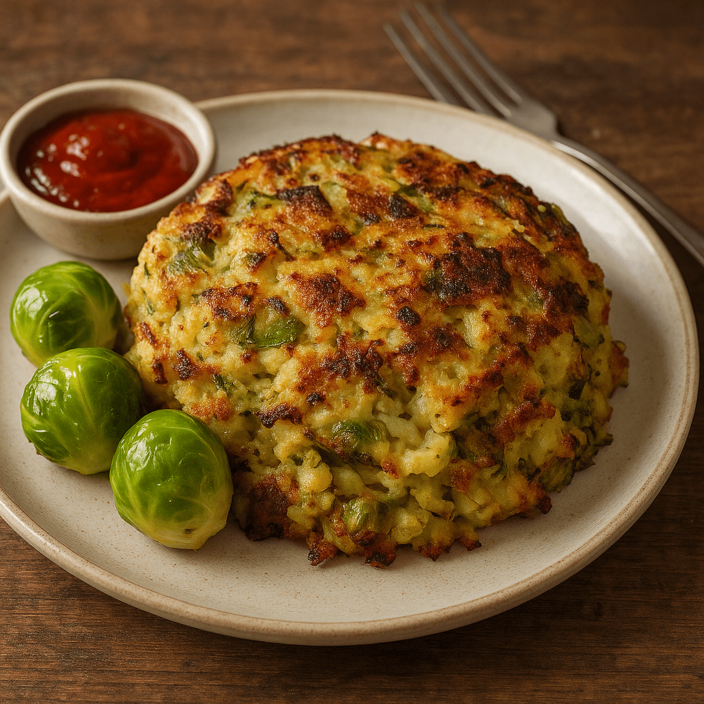 Bubble and Squeak patties frying in a pan until golden brown and crispy.