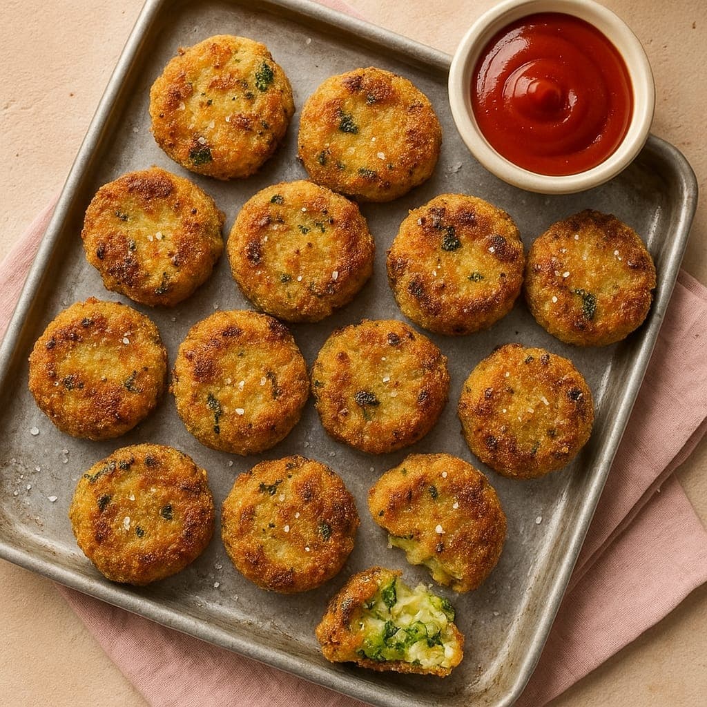 Golden crispy Bubble and Squeak served with eggs and herbs on a plate.