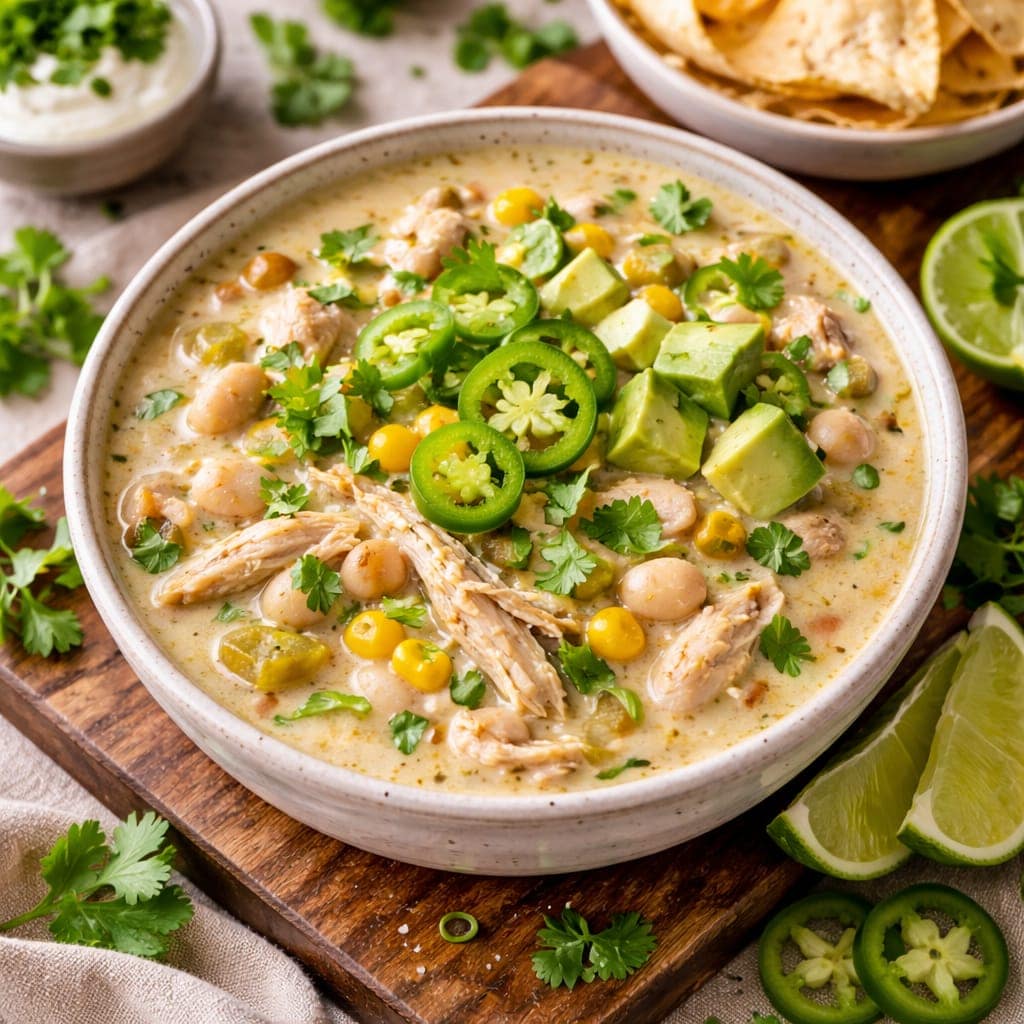 Cream being added to white chicken chilli to create a smooth and velvety consistency.