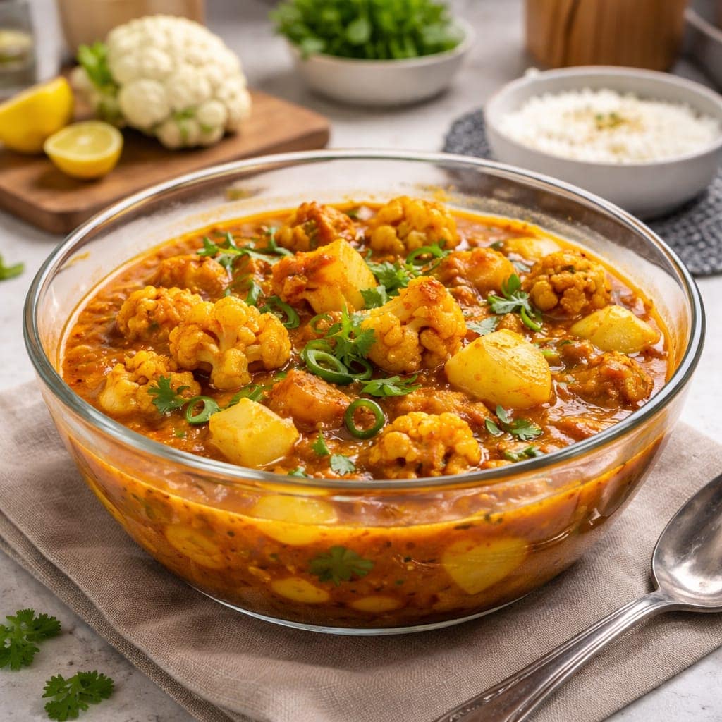 Authentic Aloo Gobi served in a bowl with roti or rice on the side.