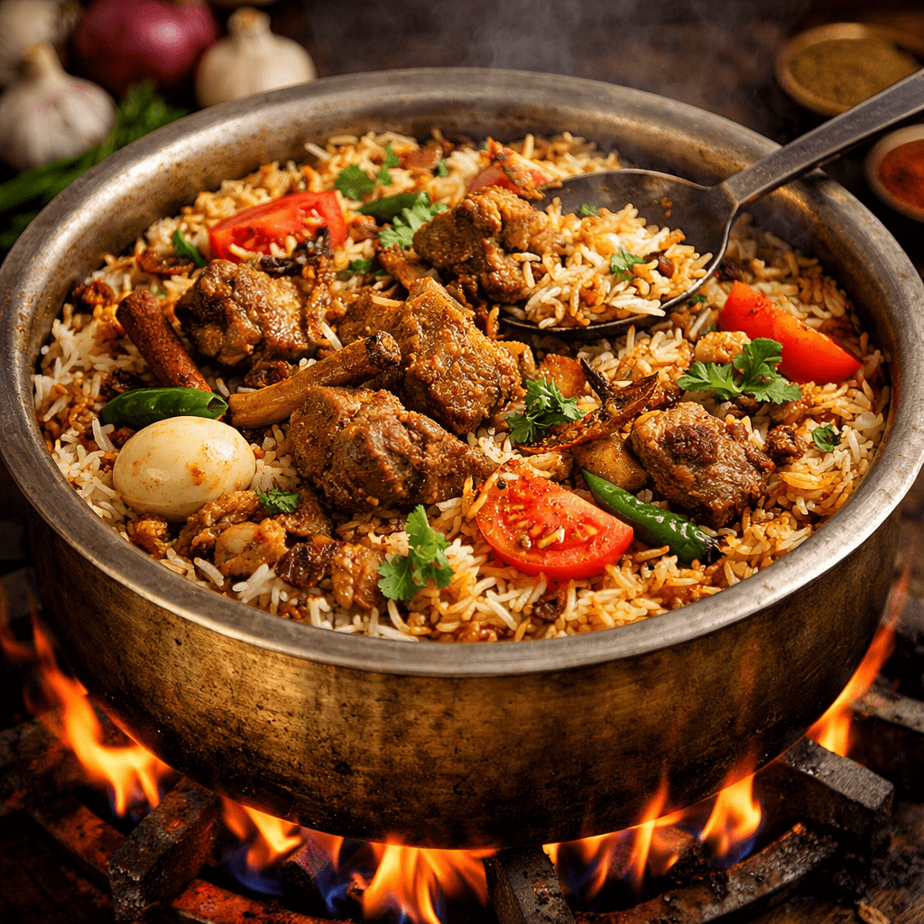 Mutton biryani cooking in a large pot with layered rice and meat on dum.