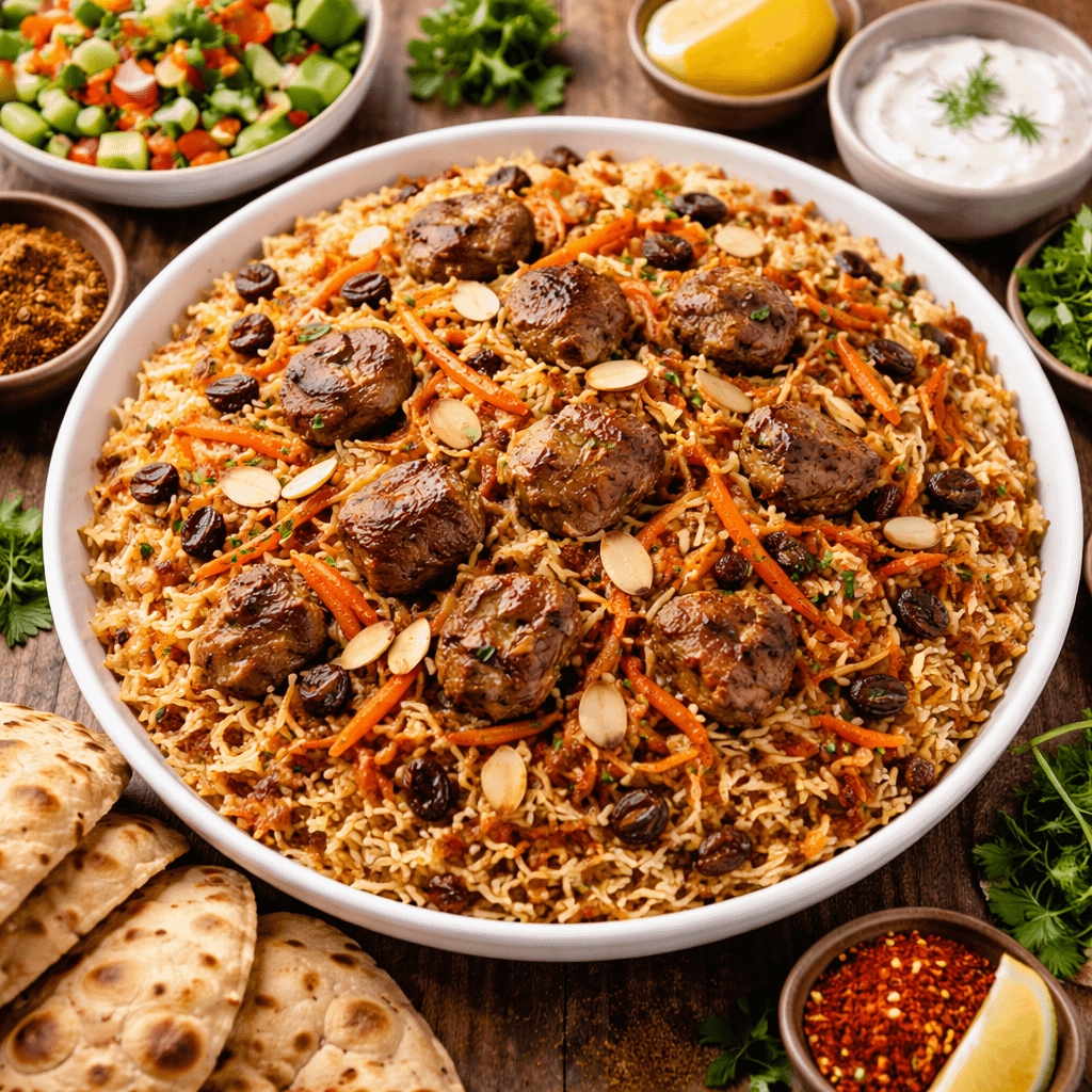 Traditional Kabuli Pulao served with lamb, carrots, and raisins on top.
