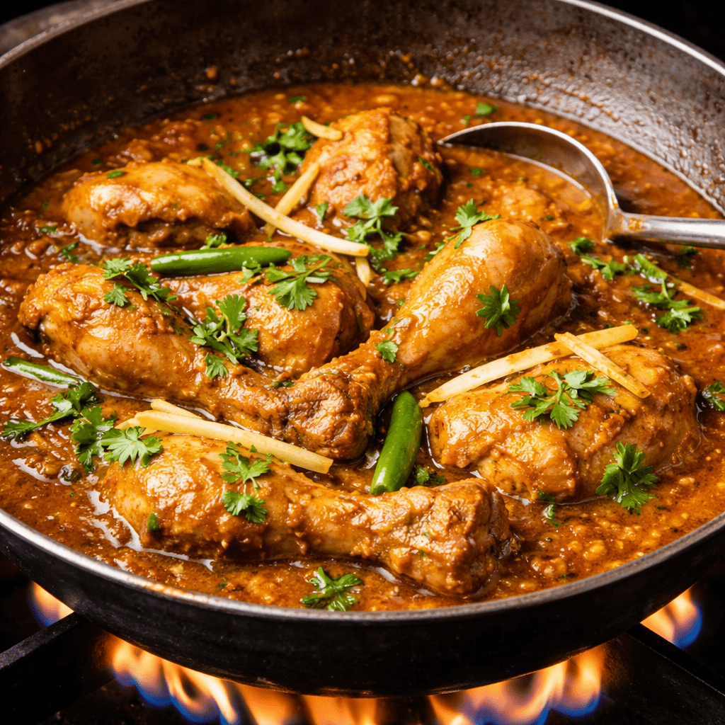 Chicken korma cooking in a pan with creamy gravy and spices.