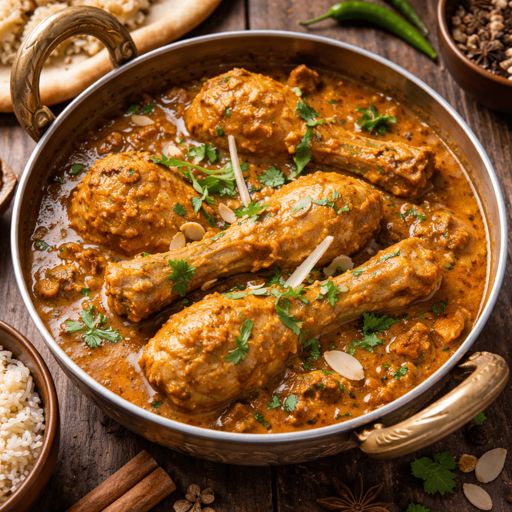 Chicken korma topped with fresh coriander and cream for garnish.